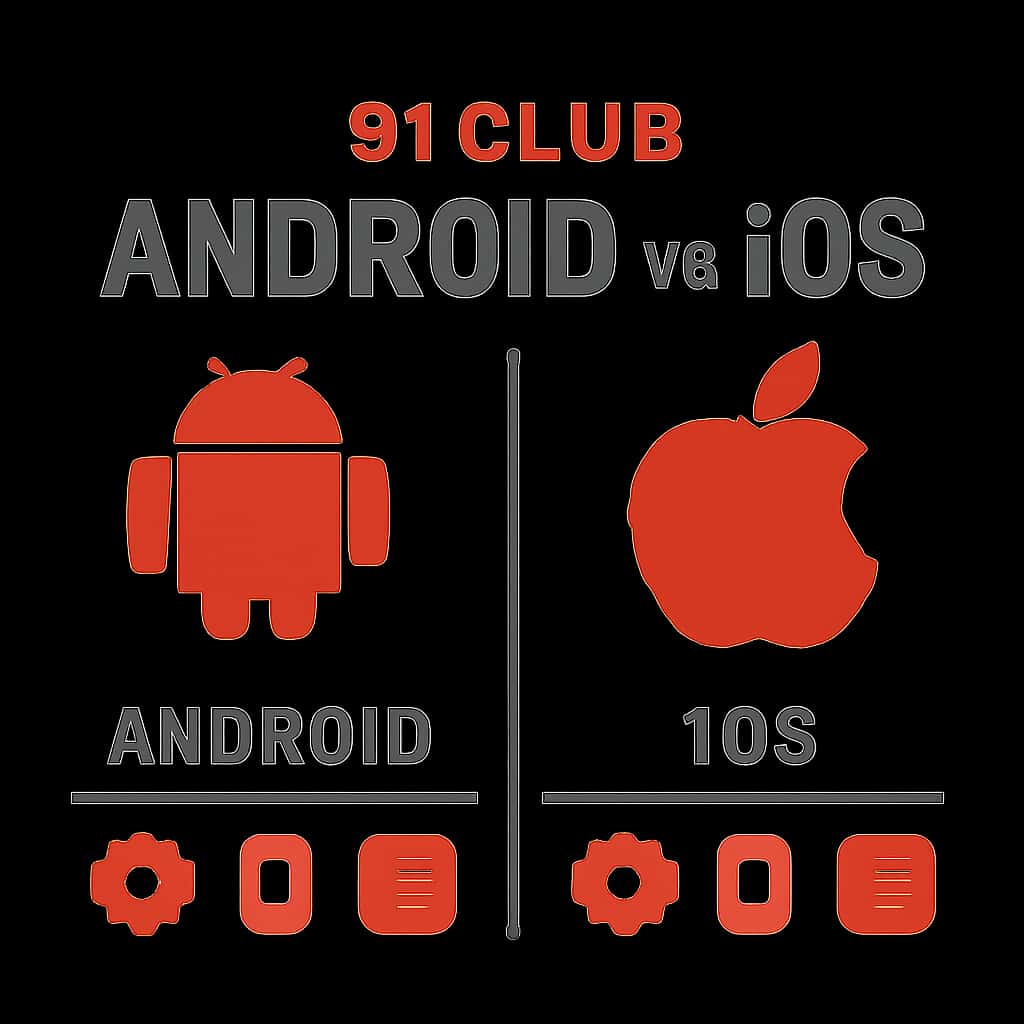 Illustration depicting the differences in permissions and updates for 91 Club on Android and iOS.