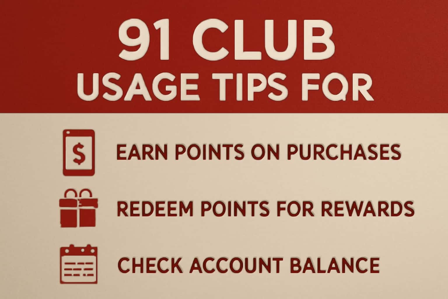 Informational scene showcasing usage tips for the 91 Club app.